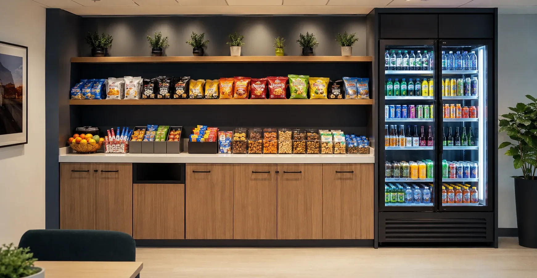 Micro market wall with snack shelves, bulk bins, and a two-door refrigerated cooler