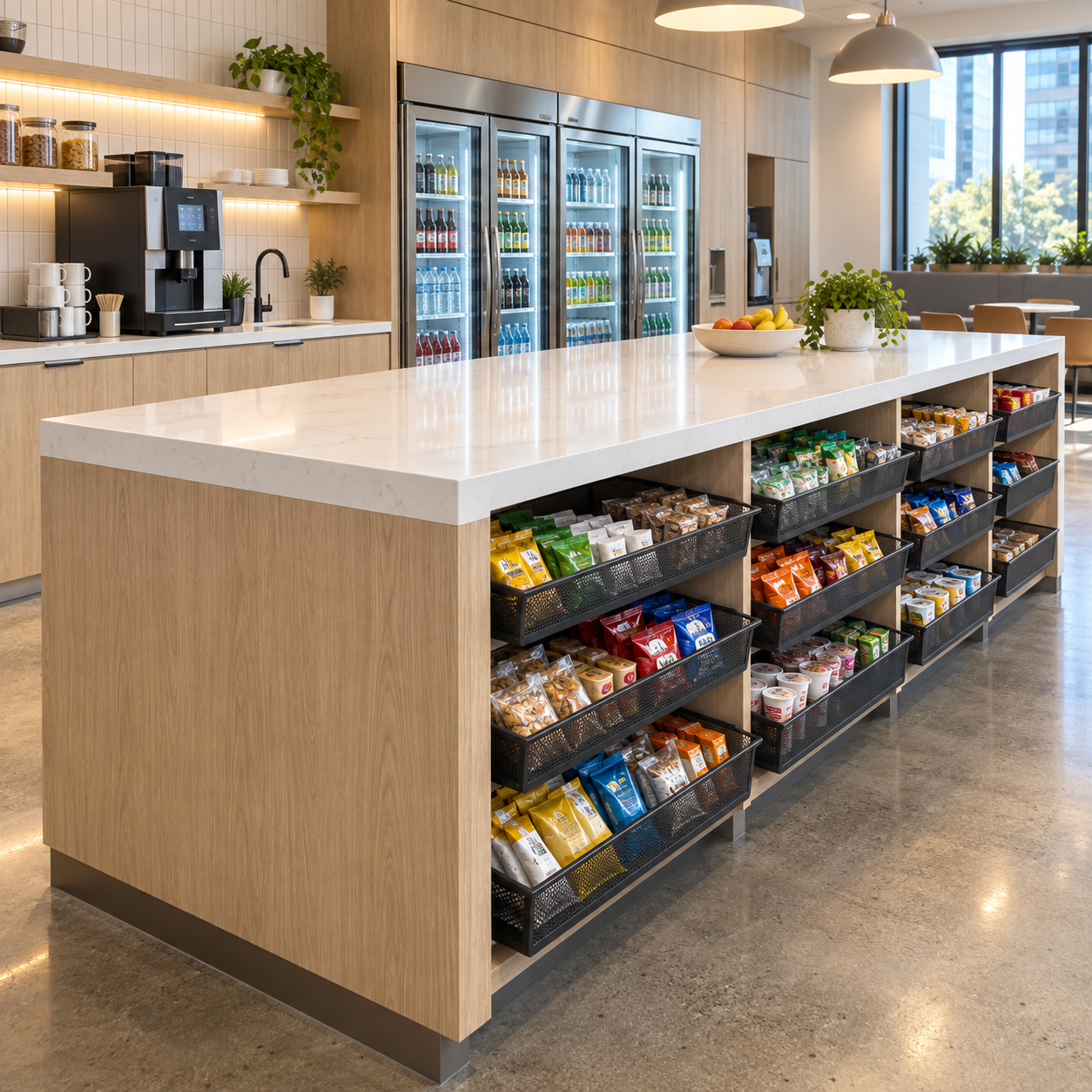 Office pantry island with baskets of packaged snacks, glass-door drink coolers and a coffee machine behind